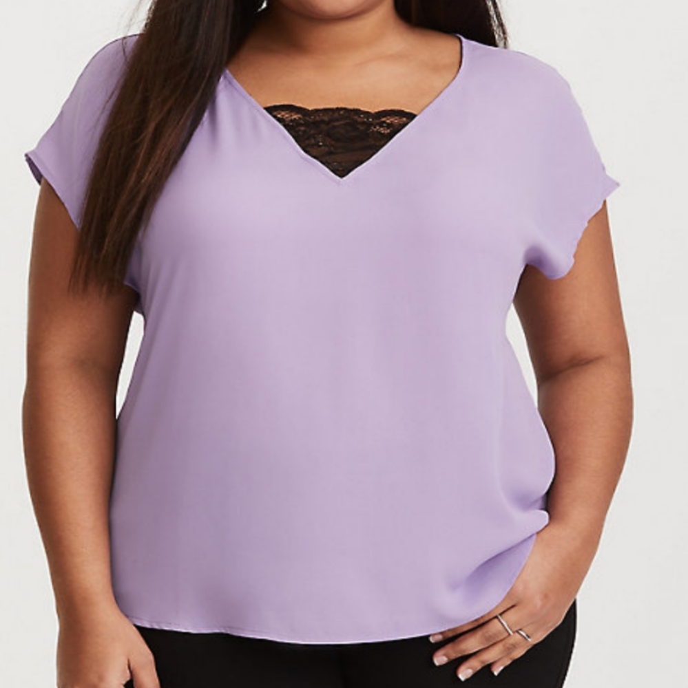 Torrid lavender short sleeve Georgette dolman lace v-neck blouse